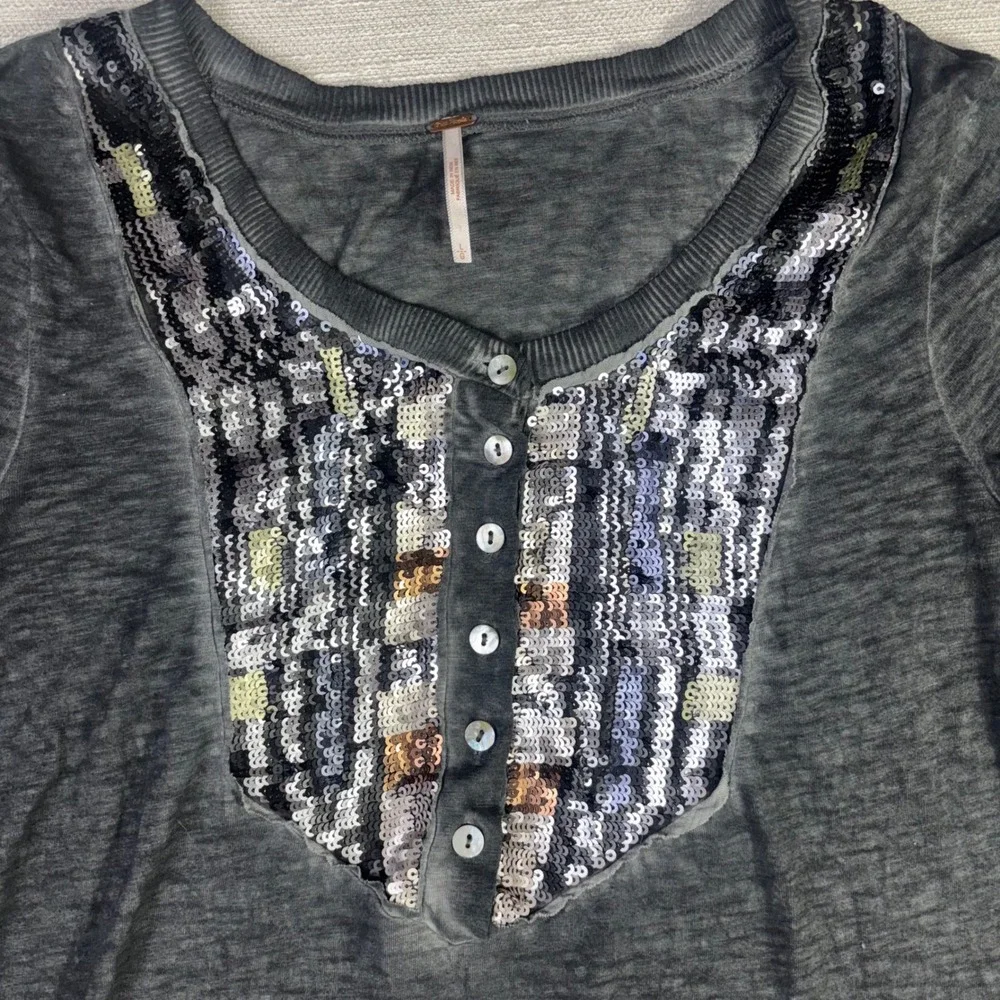 Free People Charcoal Gray Sequin Bib Henley Long Sleeve Burnout Top Large